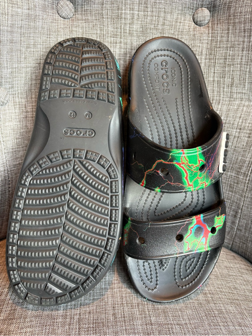 CROCS Black Sandals with Neon Green & Red Lightning Accents Men’s SZ. 12 - NEW